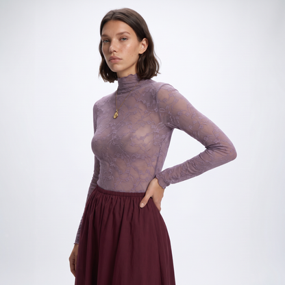 Sunoire ladies lace patterned high neck base shirt long sleeved semi transparent mesh top date work uniform top crop 3q 01