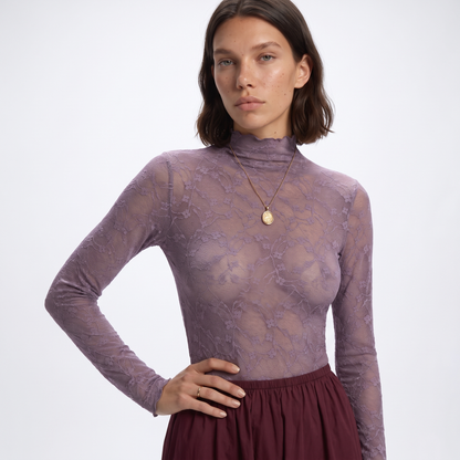 Sunoire ladies lace patterned high neck base shirt long sleeved semi transparent mesh top date work uniform top front crop 01