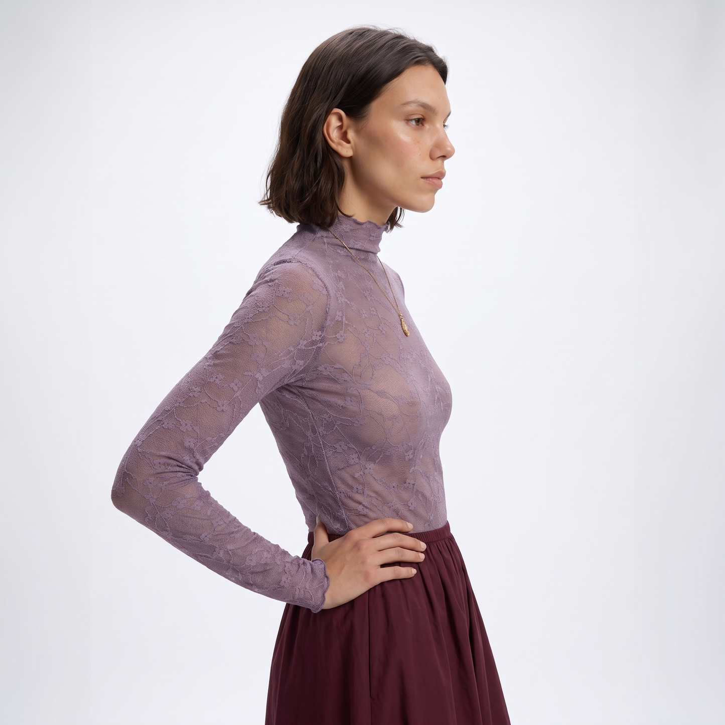 Sunoire ladies lace patterned high neck base shirt long sleeved semi transparent mesh top date work uniform top side crop 01