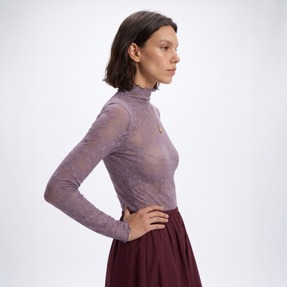 Sunoire ladies lace patterned high neck base shirt long sleeved semi transparent mesh top date work uniform top side crop 01