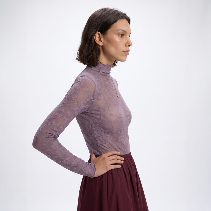 Sunoire ladies lace patterned high neck base shirt long sleeved semi transparent mesh top date work uniform top side crop 01