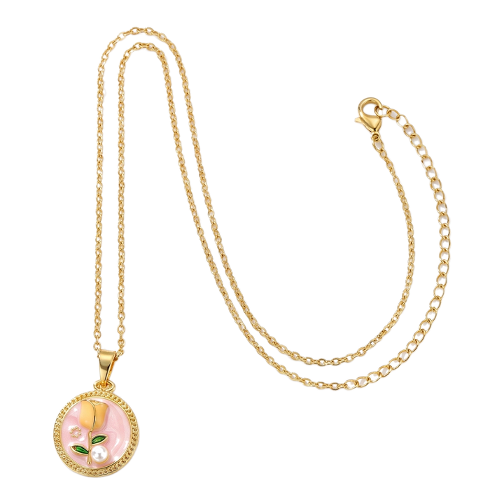 Sunoire dropshipping products wholesale fashion pearl flower transparent gold plated enamel pendant necklace jewelry sets for women 01 flatlay gold