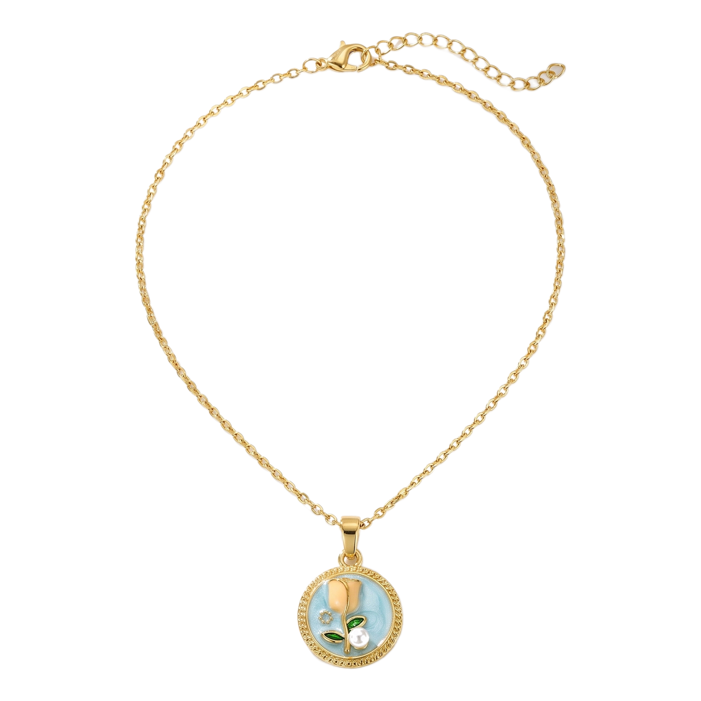 Sunoire dropshipping products wholesale fashion pearl flower transparent gold plated enamel pendant necklace jewelry sets for women 04 flatlay tulip blue