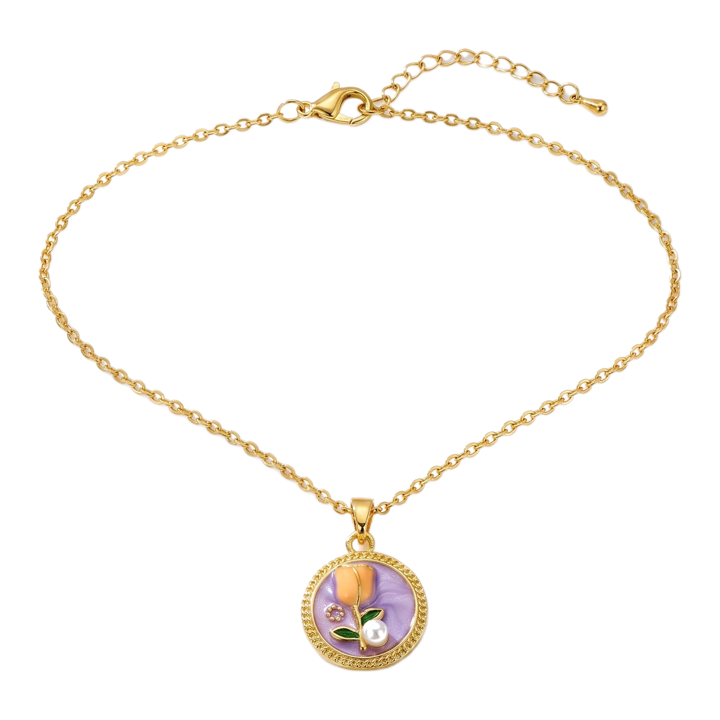 Sunoire dropshipping products wholesale fashion pearl flower transparent gold plated enamel pendant necklace jewelry sets for women 05 flatlay tulip purple