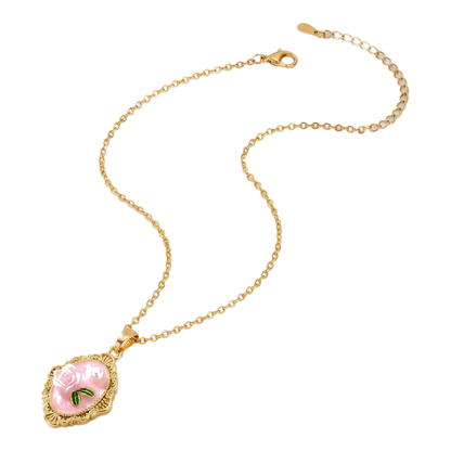 Sunoire dropshipping products wholesale fashion pearl flower transparent gold plated enamel pendant necklace jewelry sets for women 06 flatlay rose pink