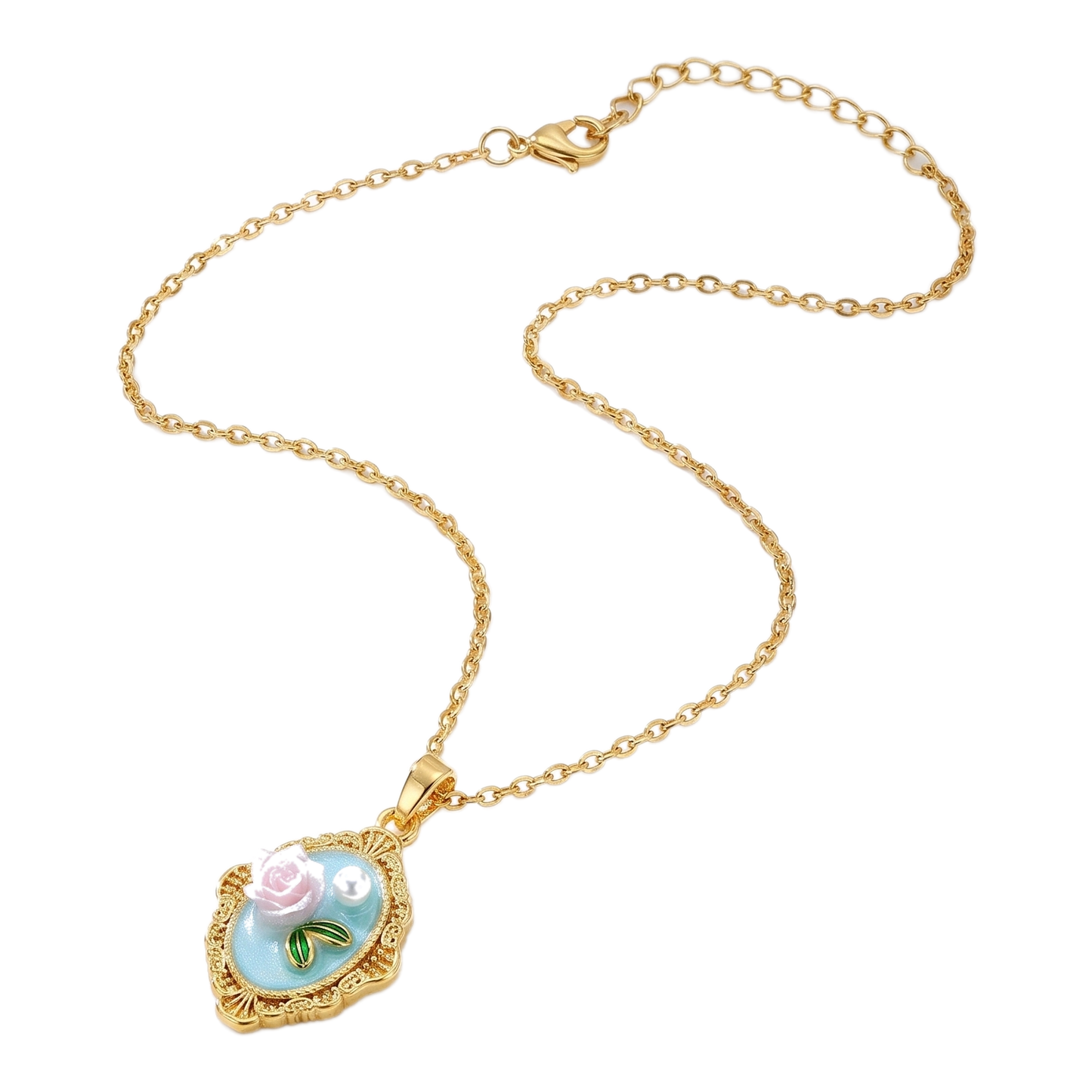 Sunoire dropshipping products wholesale fashion pearl flower transparent gold plated enamel pendant necklace jewelry sets for women 07 flatlay rose blue
