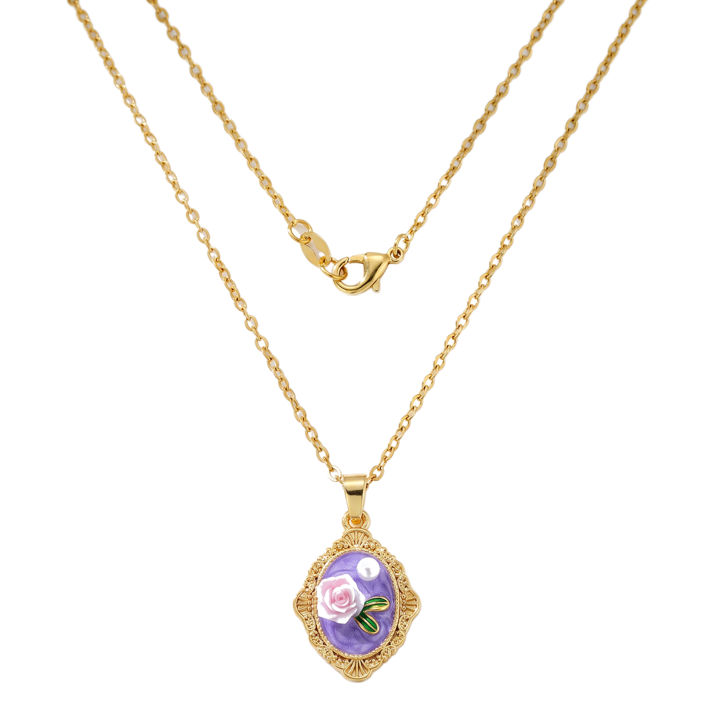 Sunoire dropshipping products wholesale fashion pearl flower transparent gold plated enamel pendant necklace jewelry sets for women 09 flatlay rose purple