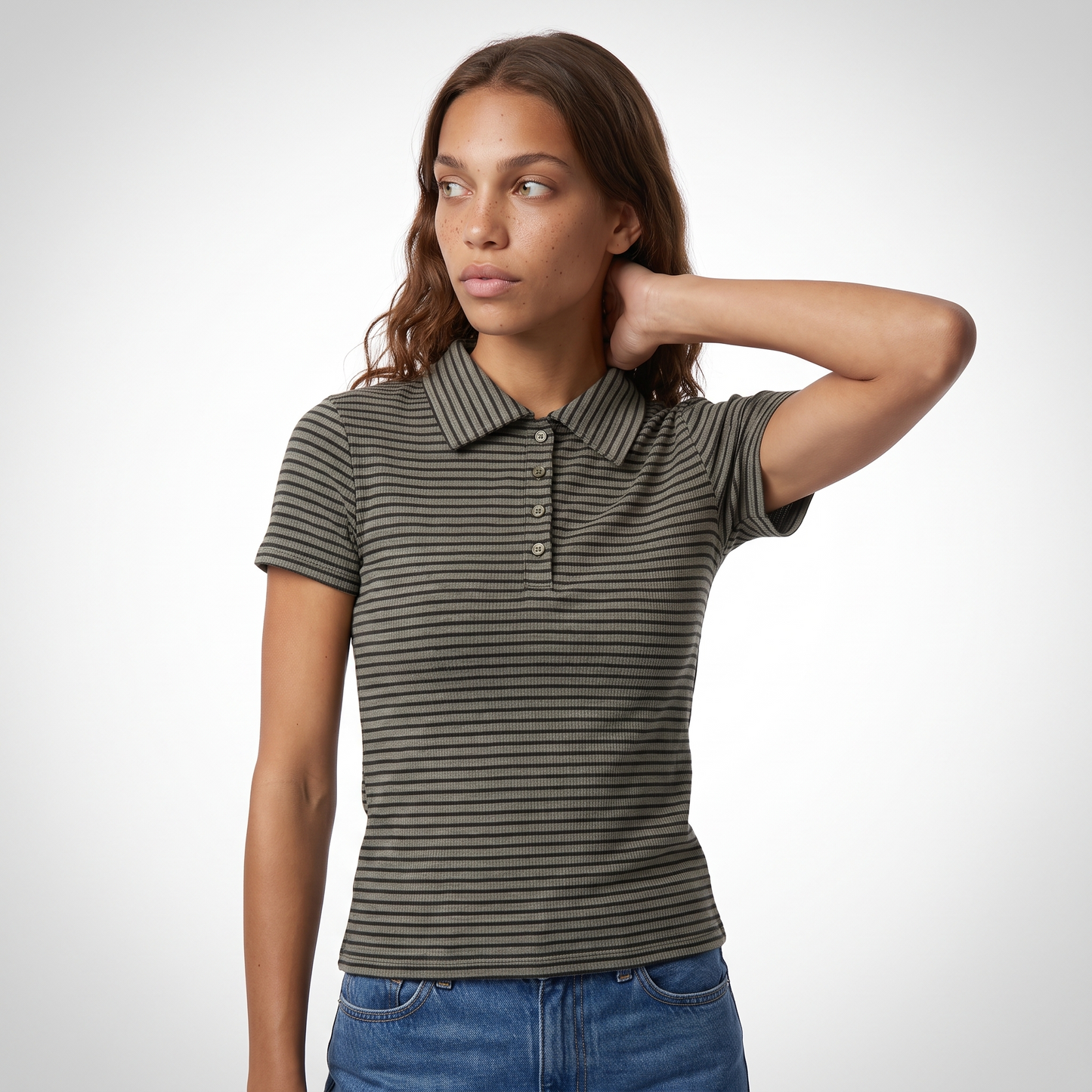 lara striped polo top in Olive and Black colorway image
