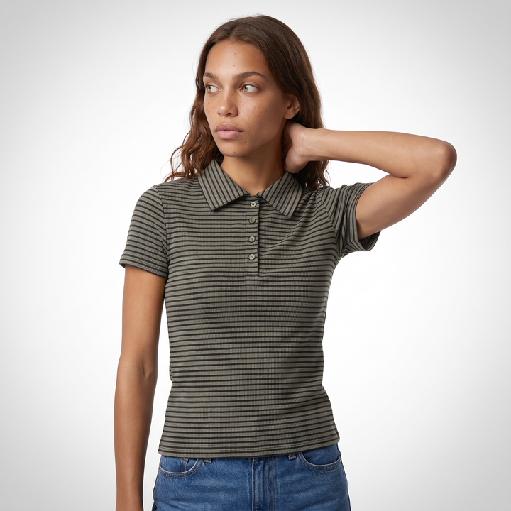 Striped Collared Polo Top – Black and White Casual Knit Top — Olive and Black