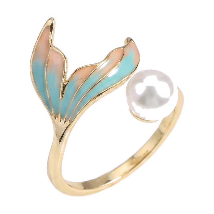 Sunoire colorful oil dripping gradient fish tail natural pearl ring with adjustable opening women s jewelry in stock wholesale 01 flatlay turquoise gradient