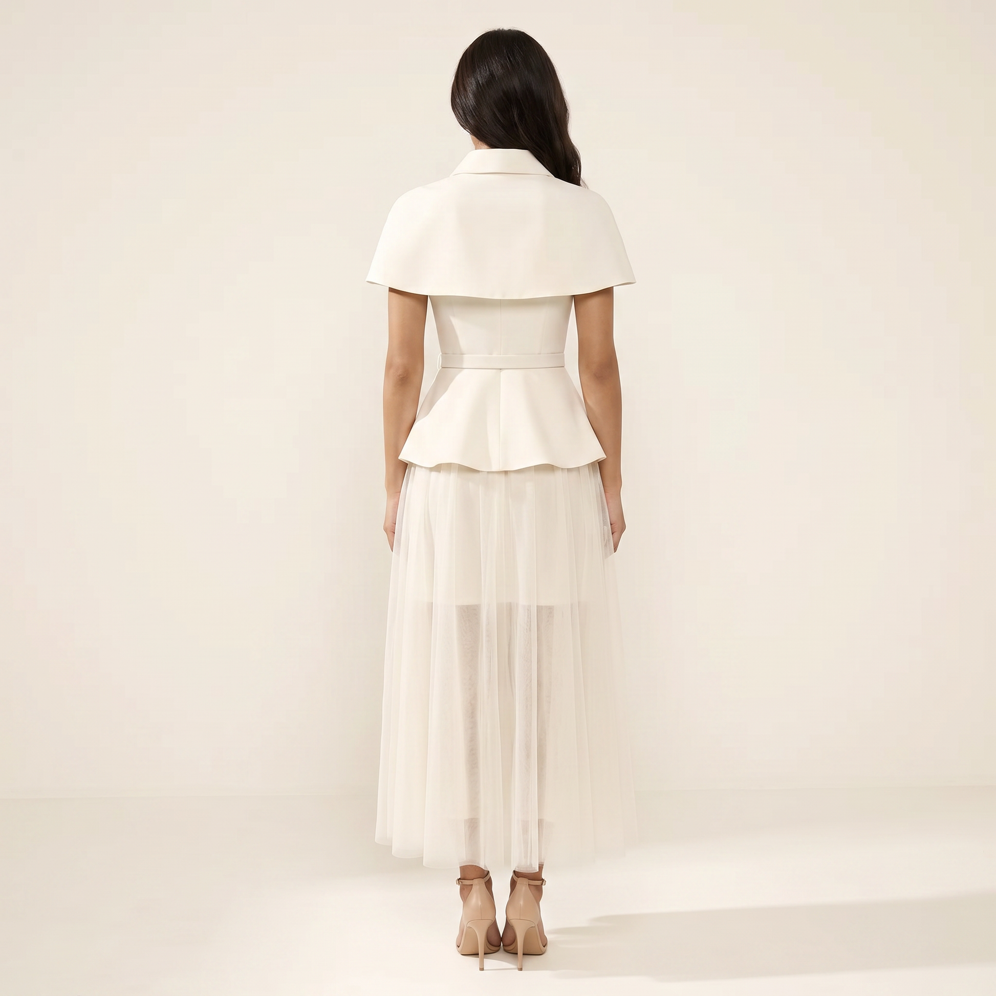 Sunoire larevix cape skirt set with belt back view 01