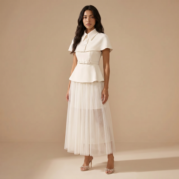 Sunoire larevix cape skirt set with belt three quarter 01