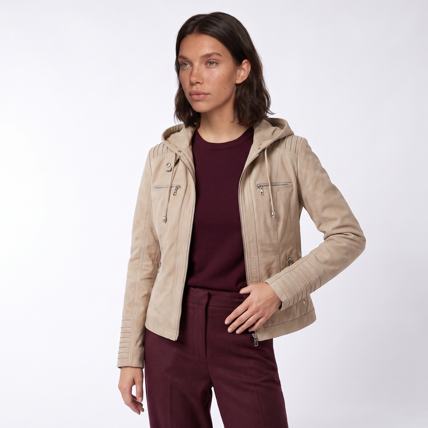 Sunoire leather biker jacket with removable hood and zip detail colorway beige front crop 01