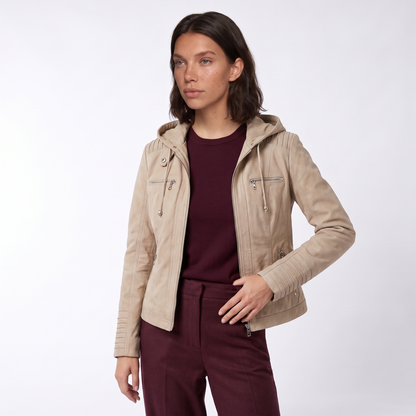 Sunoire leather biker jacket with removable hood and zip detail colorway beige front crop 01