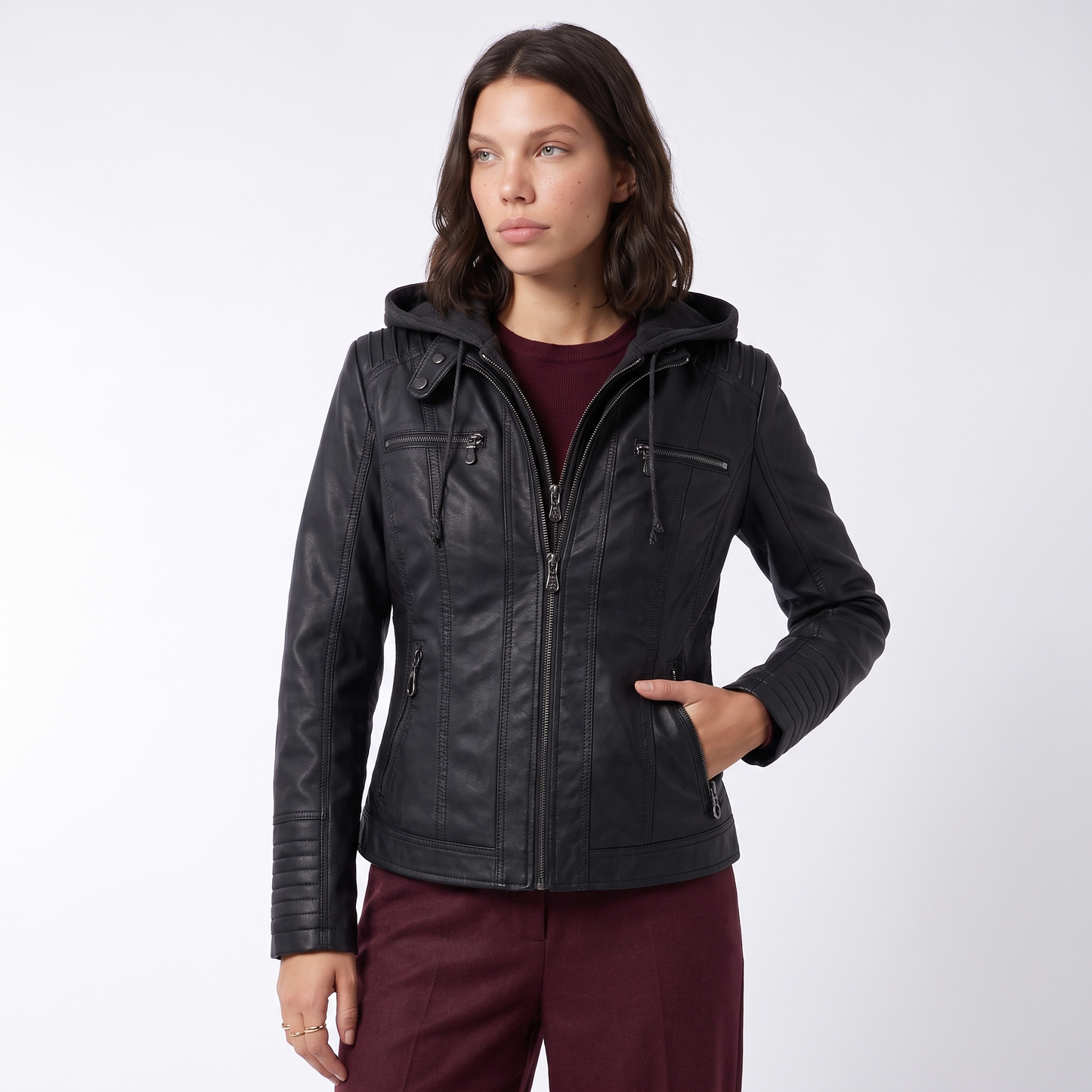 Sunoire leather biker jacket with removable hood and zip detail colorway black front crop 01