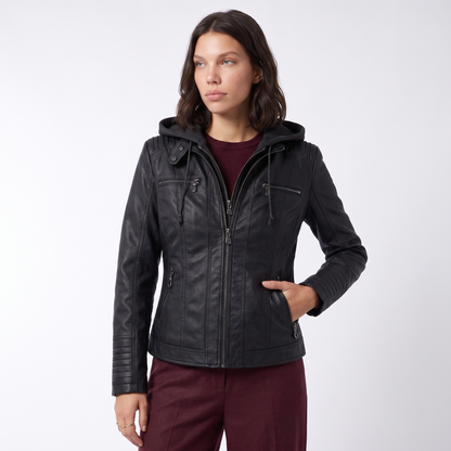 Sunoire leather biker jacket with removable hood and zip detail colorway black front crop 01