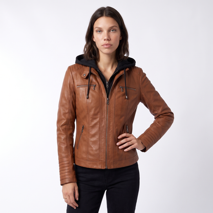 Sunoire leather biker jacket with removable hood and zip detail colorway dark brown front crop 01
