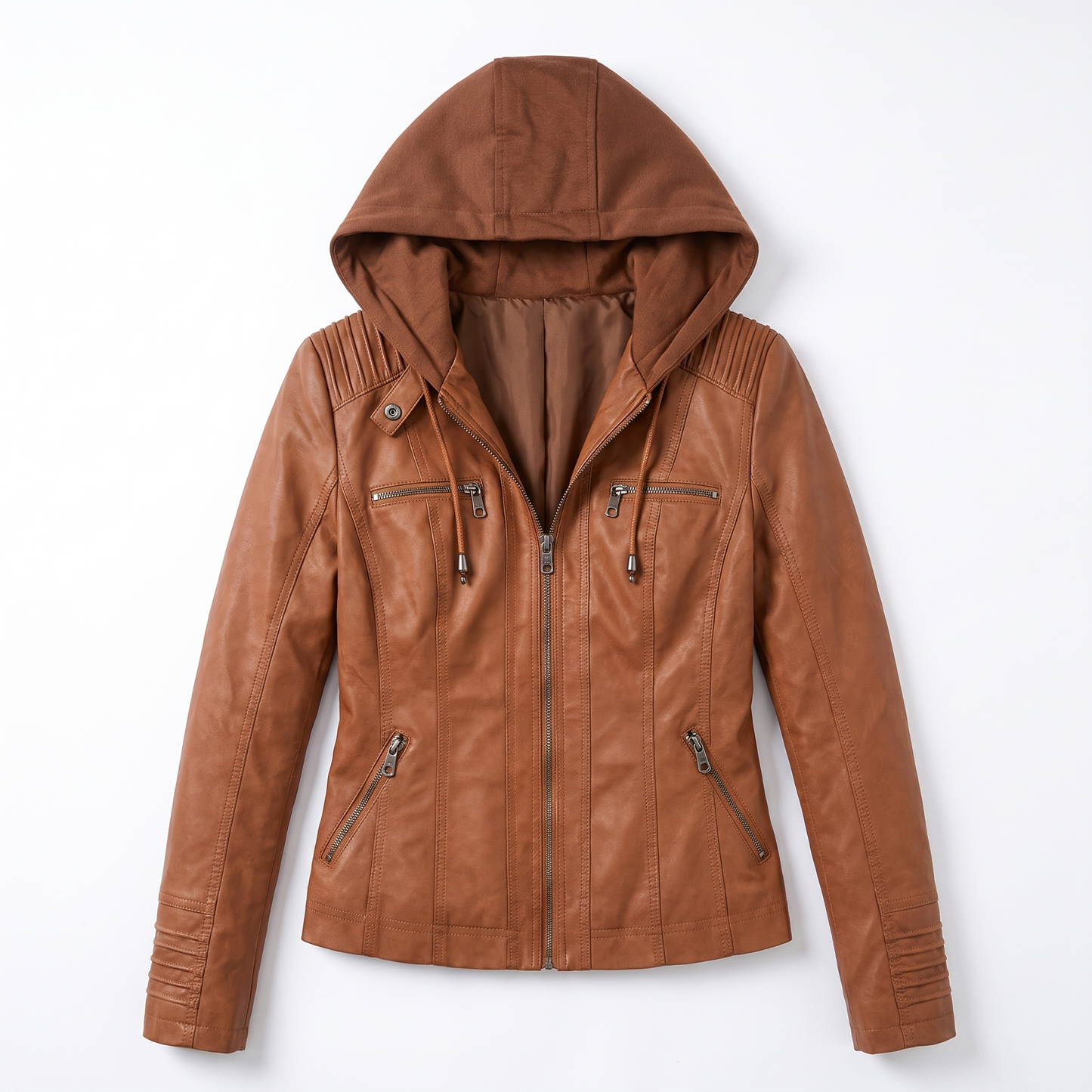Sunoire leather biker jacket with removable hood and zip detail garment flatlay 01