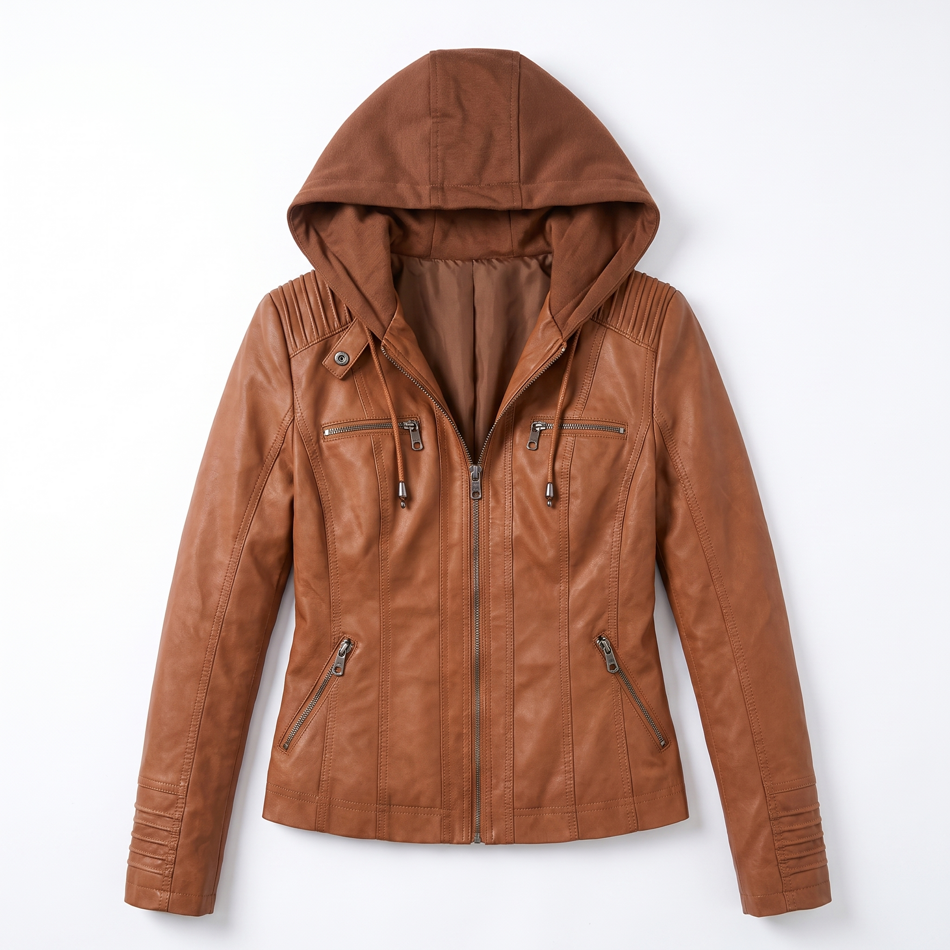 Sunoire leather biker jacket with removable hood and zip detail garment flatlay 01