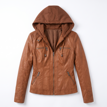 Sunoire leather biker jacket with removable hood and zip detail garment flatlay 01