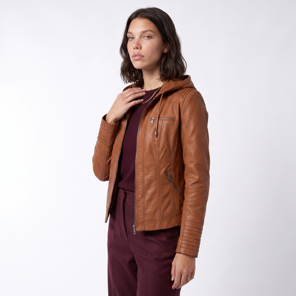 Sunoire leather biker jacket with removable hood and zip detail top crop 3q 01