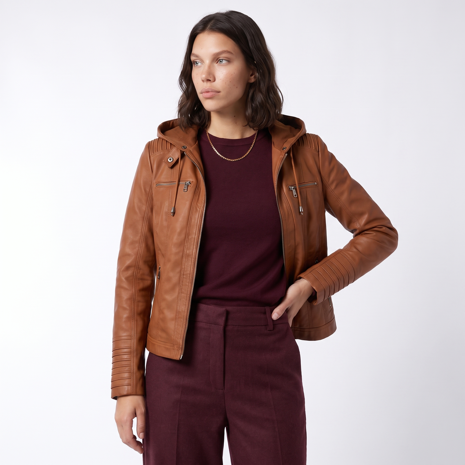 Sunoire leather biker jacket with removable hood and zip detail top front crop 01