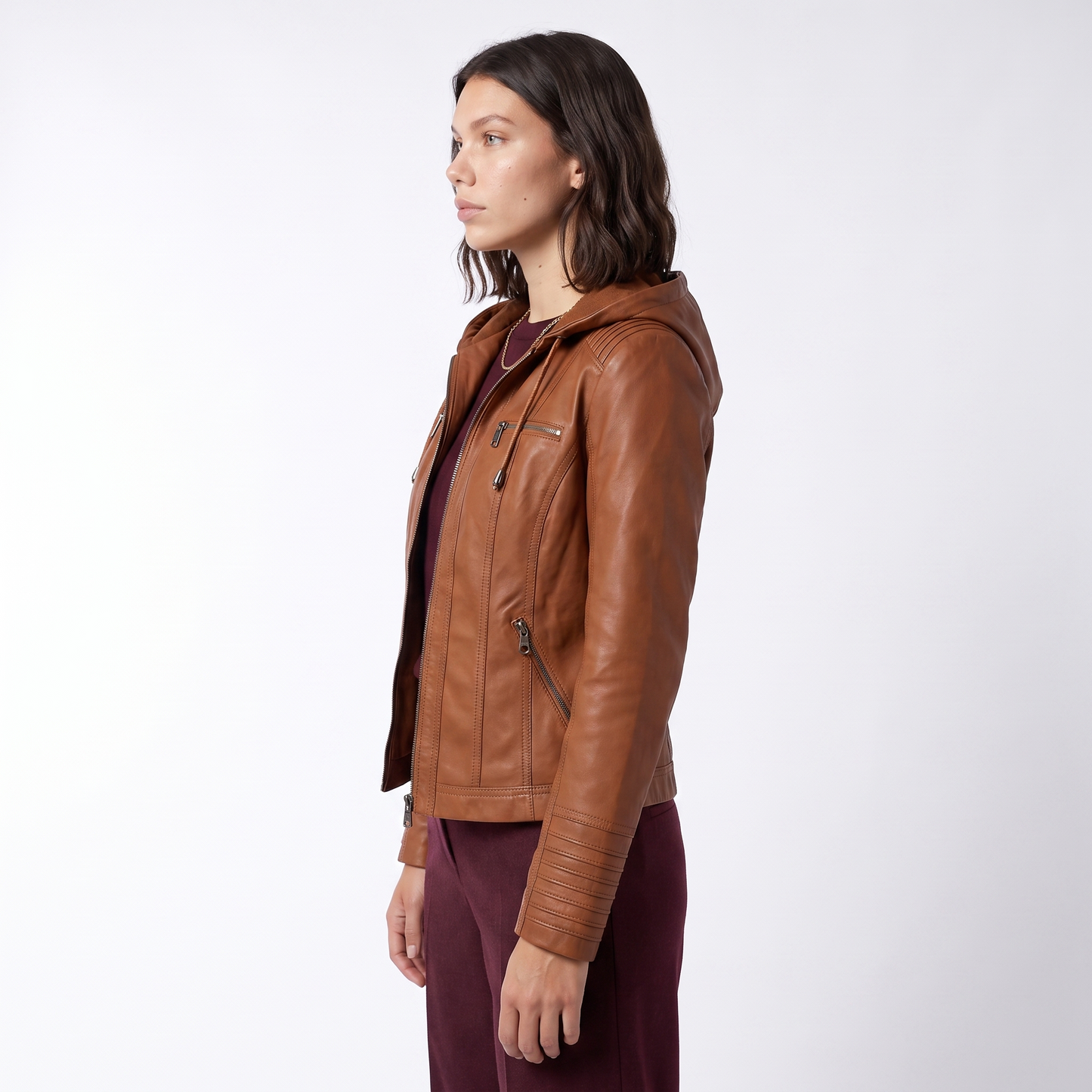 Sunoire leather biker jacket with removable hood and zip detail top side crop 01