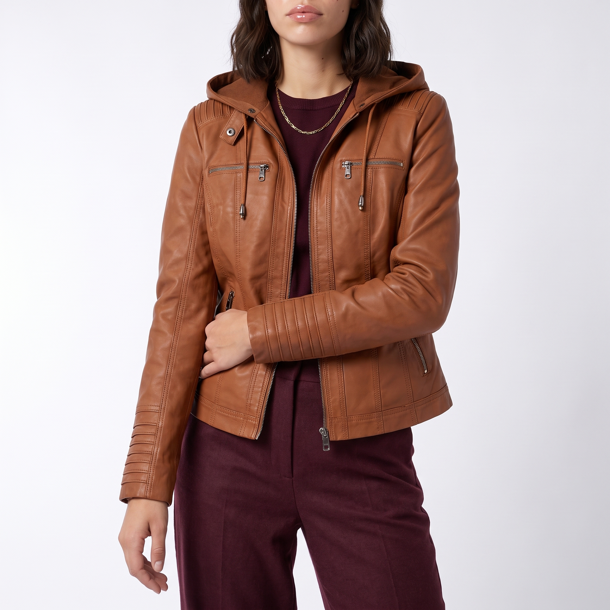 Sunoire leather biker jacket with removable hood and zip detail torso crop 01