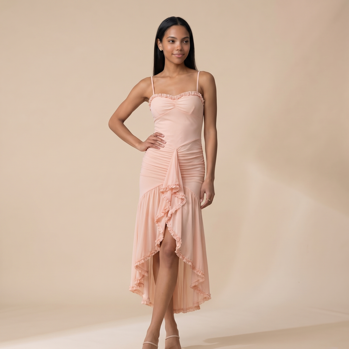 Lena Yellow Lace Trim Dress — Blush Pink