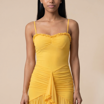 Sunoire lena yellow dress worn detail 01