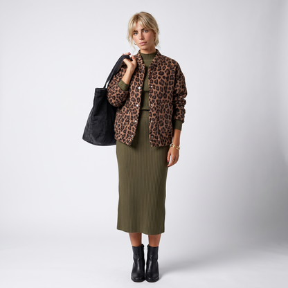 Sunoire leopard print bomber jacket with snap button front front hero 01