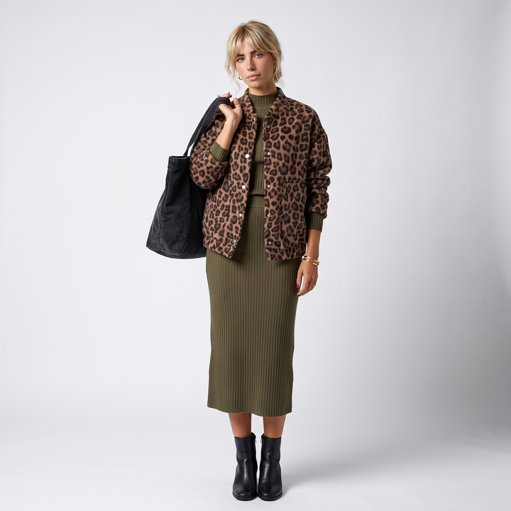 Sunoire leopard print bomber jacket with snap button front front hero 01
