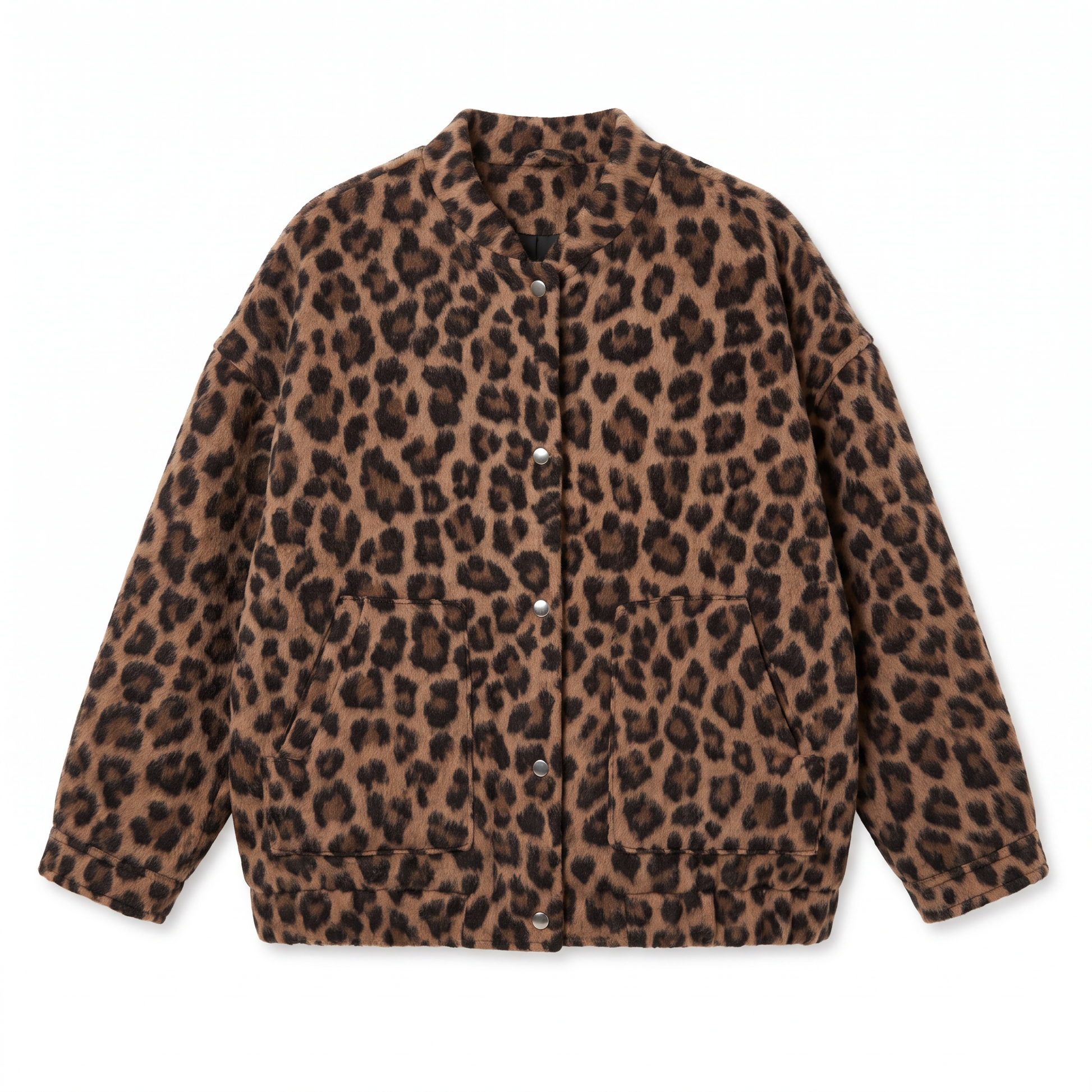 Sunoire leopard print bomber jacket with snap button front garment flatlay 01