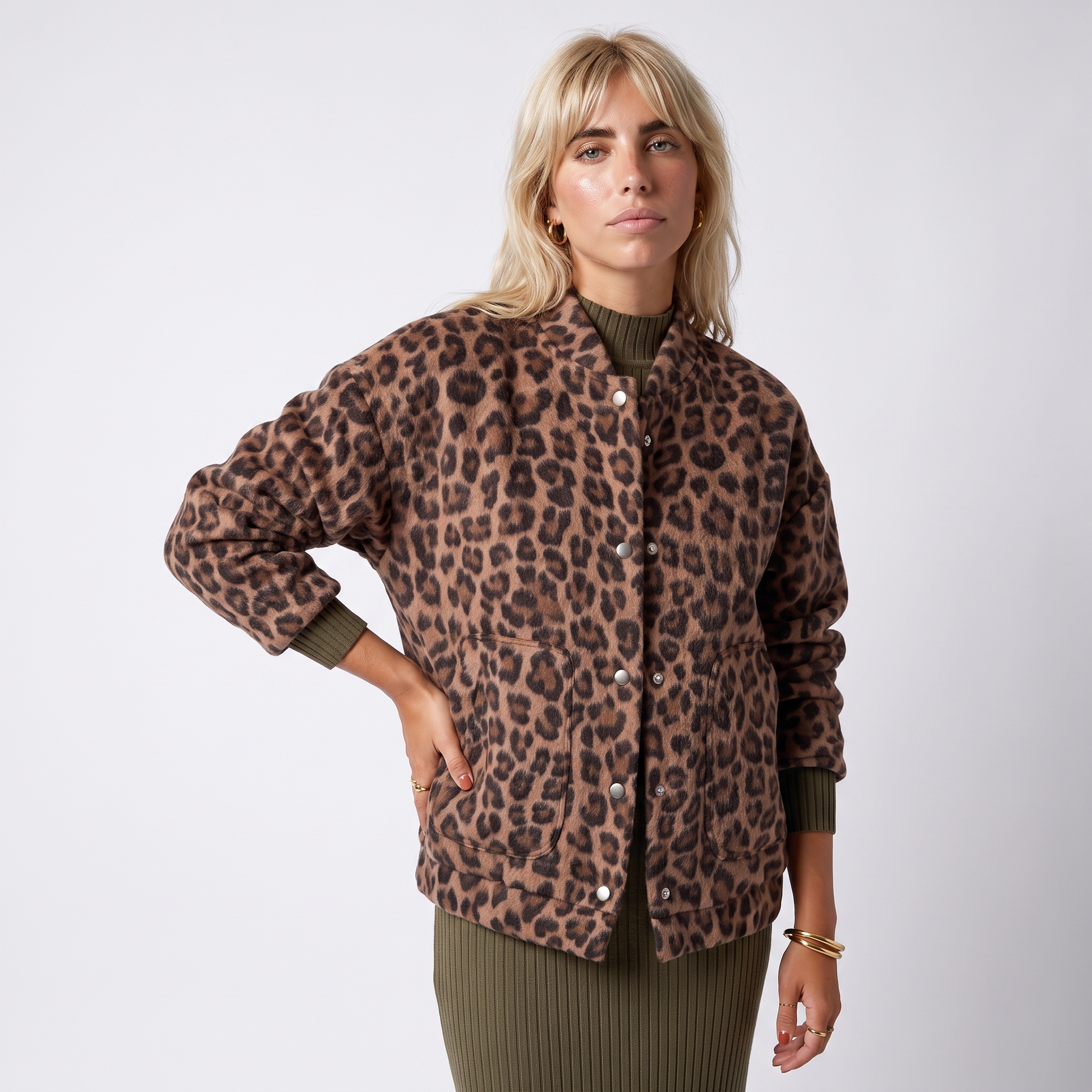 Sunoire leopard print bomber jacket with snap button front top detail 01