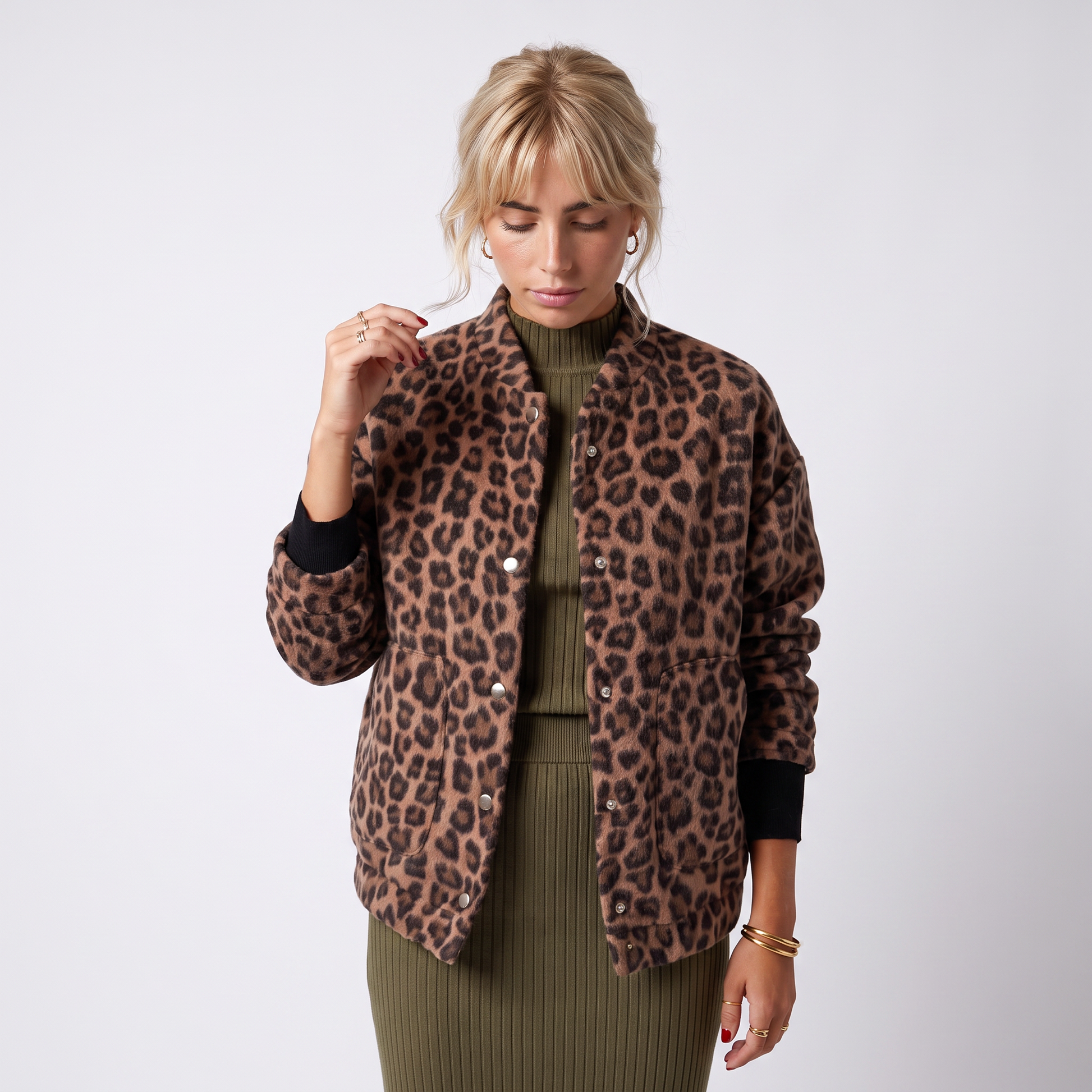 Sunoire leopard print bomber jacket with snap button front top front crop 01