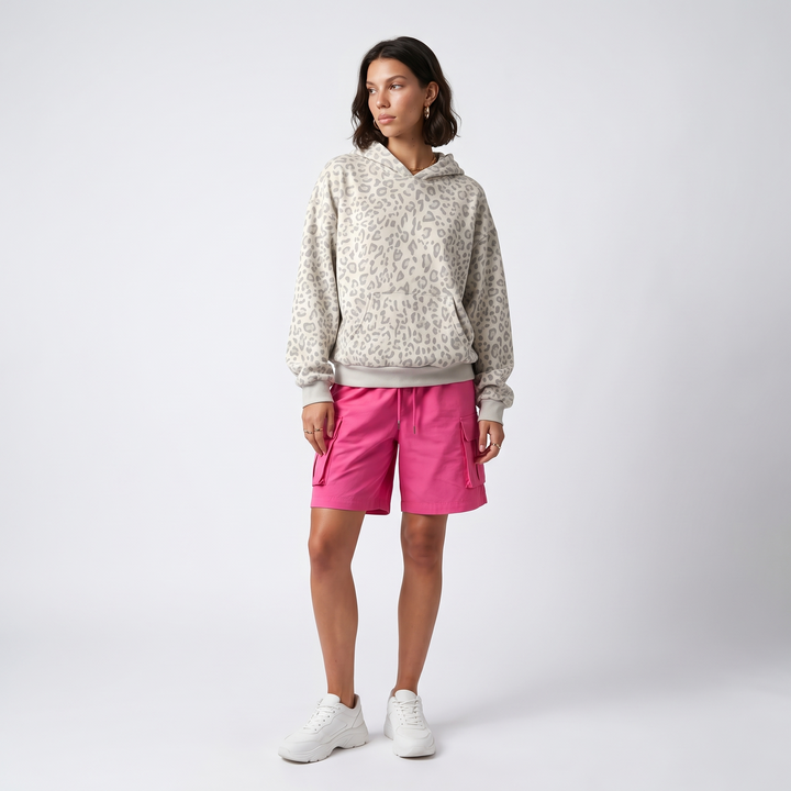 Sunoire leopard print drawstring hoodie front hero 01