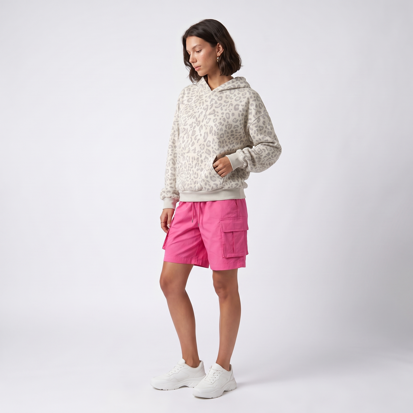 Sunoire leopard print drawstring hoodie three quarter 01