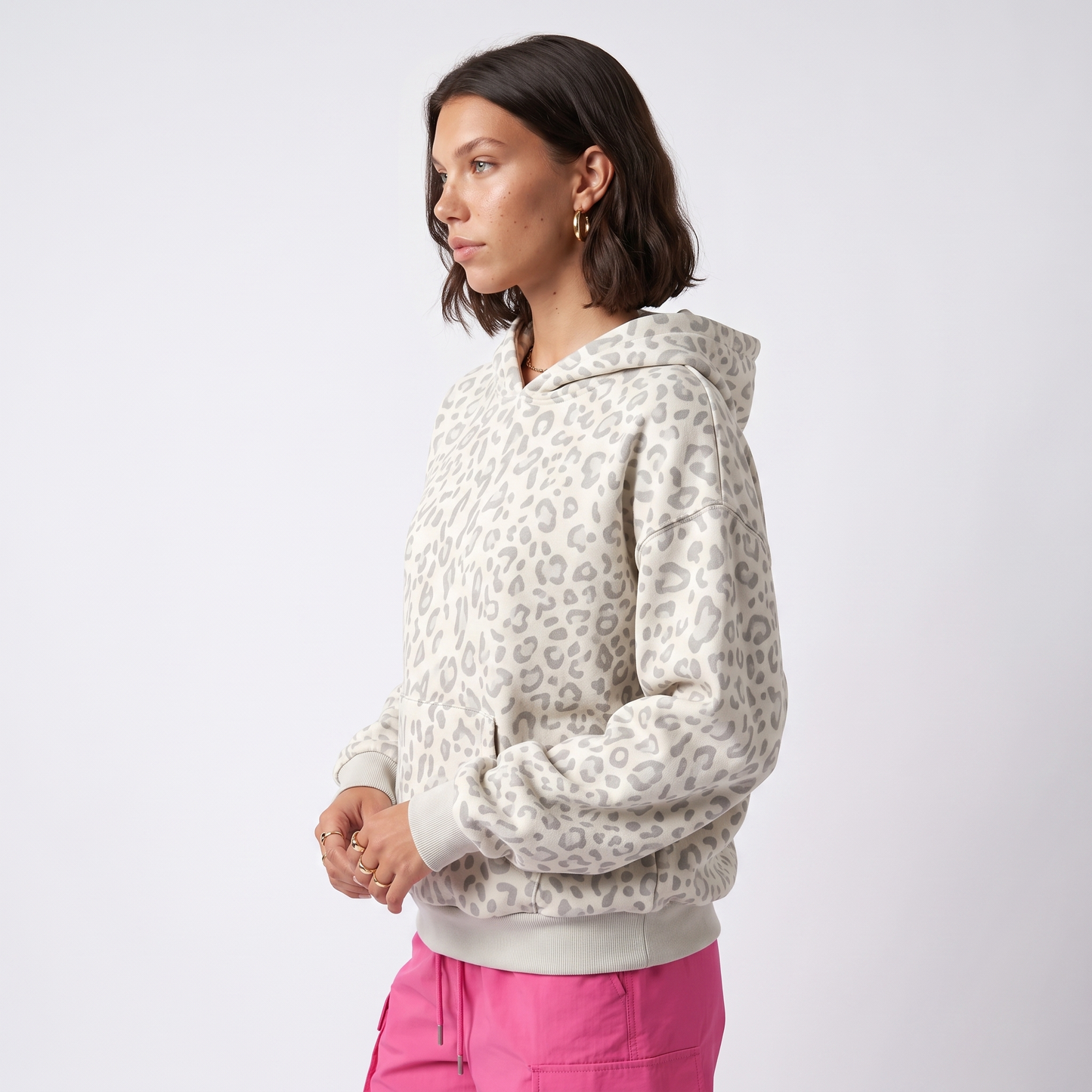 Sunoire leopard print drawstring hoodie top side crop 01