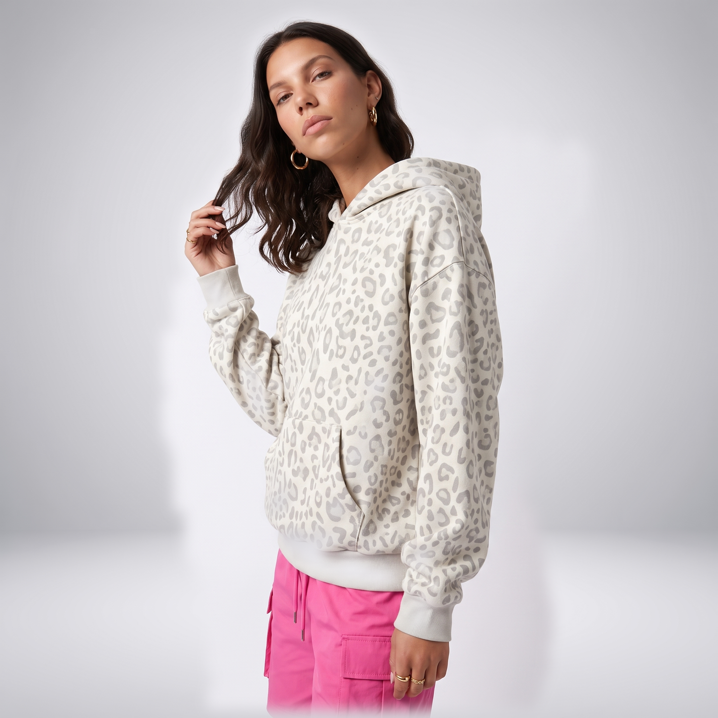 Sunoire leopard print drawstring hoodie top crop 3q 01