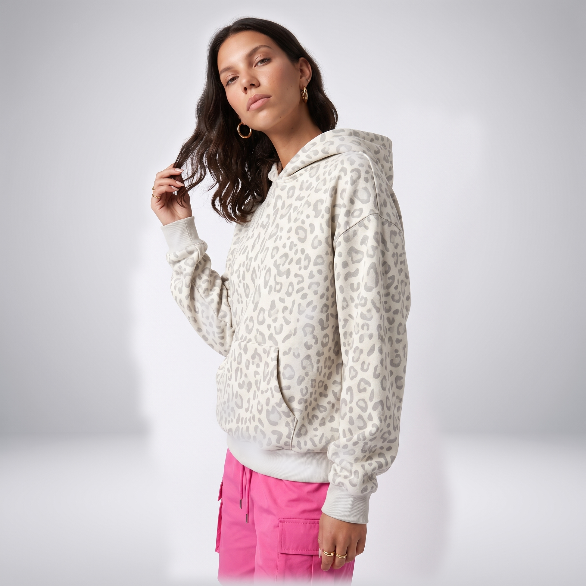 Sunoire leopard print drawstring hoodie top crop 3q 01