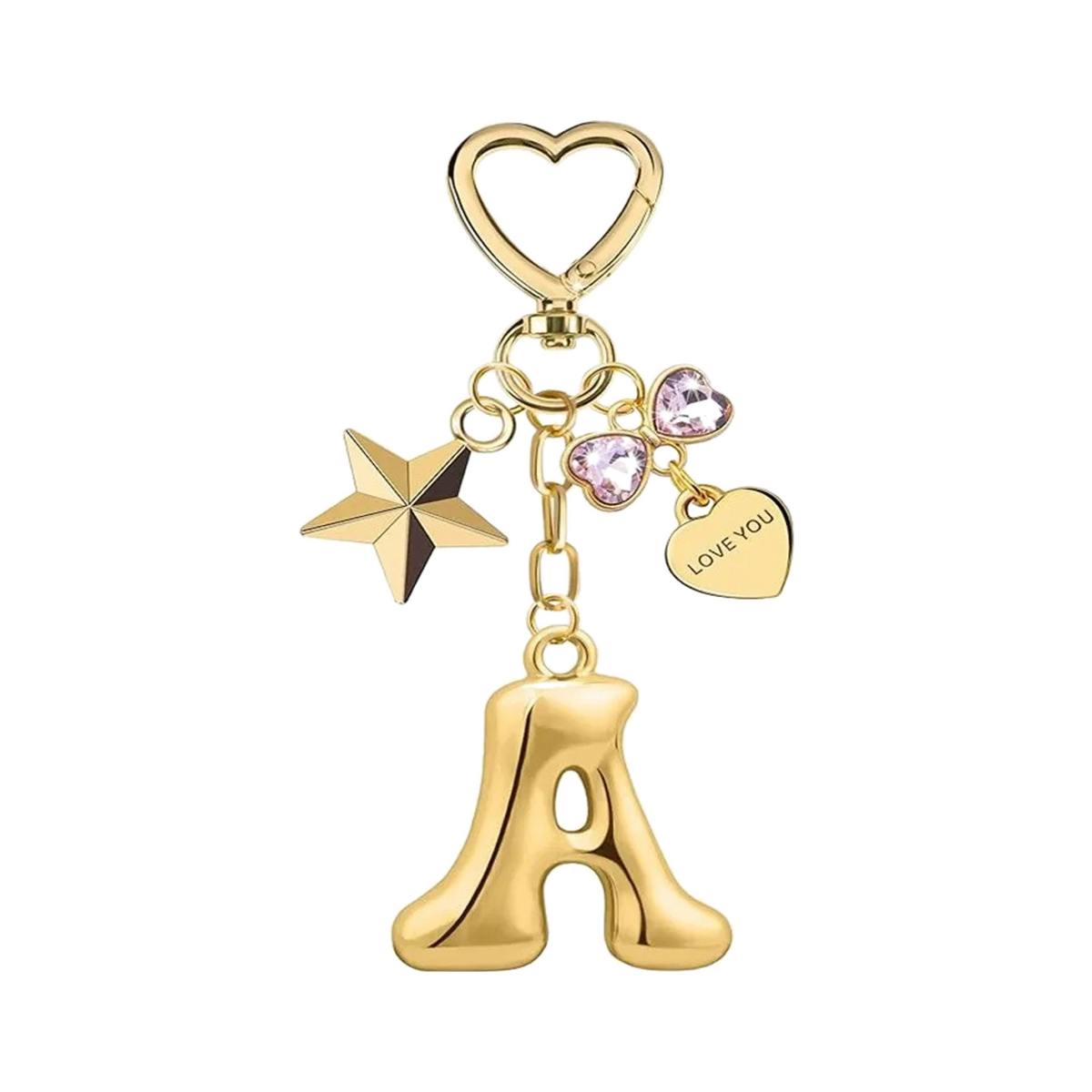 Gold letter A bag charm with heart clasp, star and crystal hearts