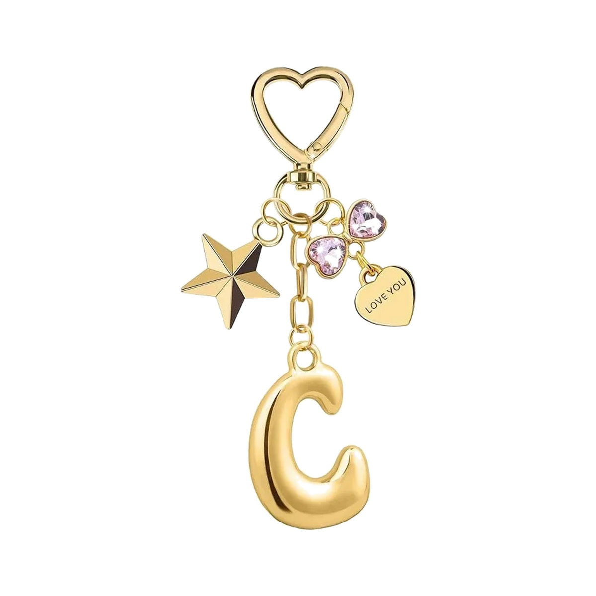 Gold letter C bag charm with heart clasp, star and crystal hearts