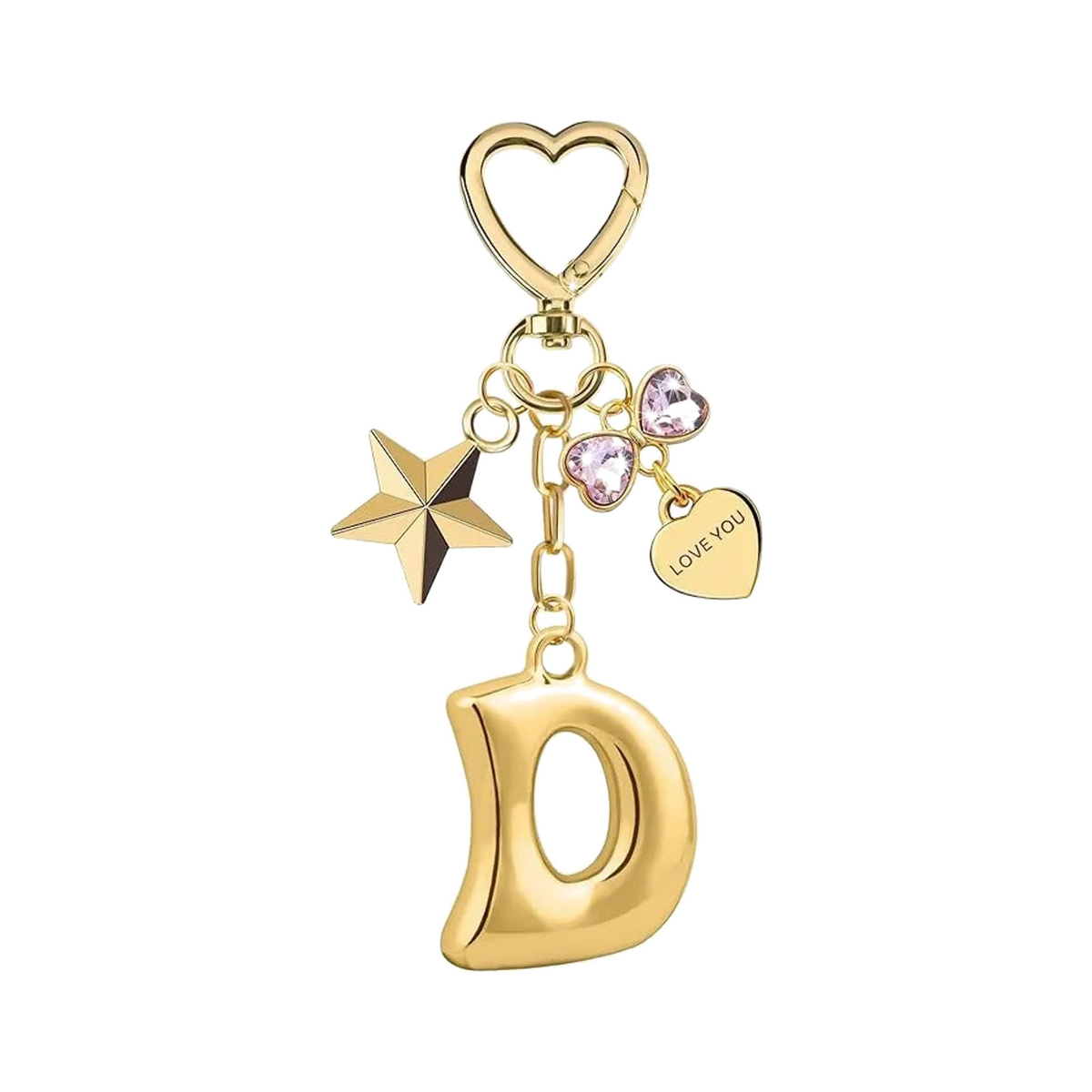 Gold letter D bag charm with heart clasp, star and crystal hearts