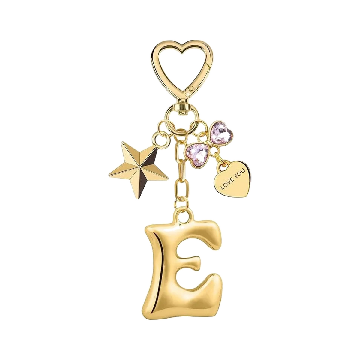 Gold letter E bag charm with heart clasp, star and crystal hearts