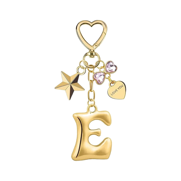 Gold letter E bag charm with heart clasp, star and crystal hearts