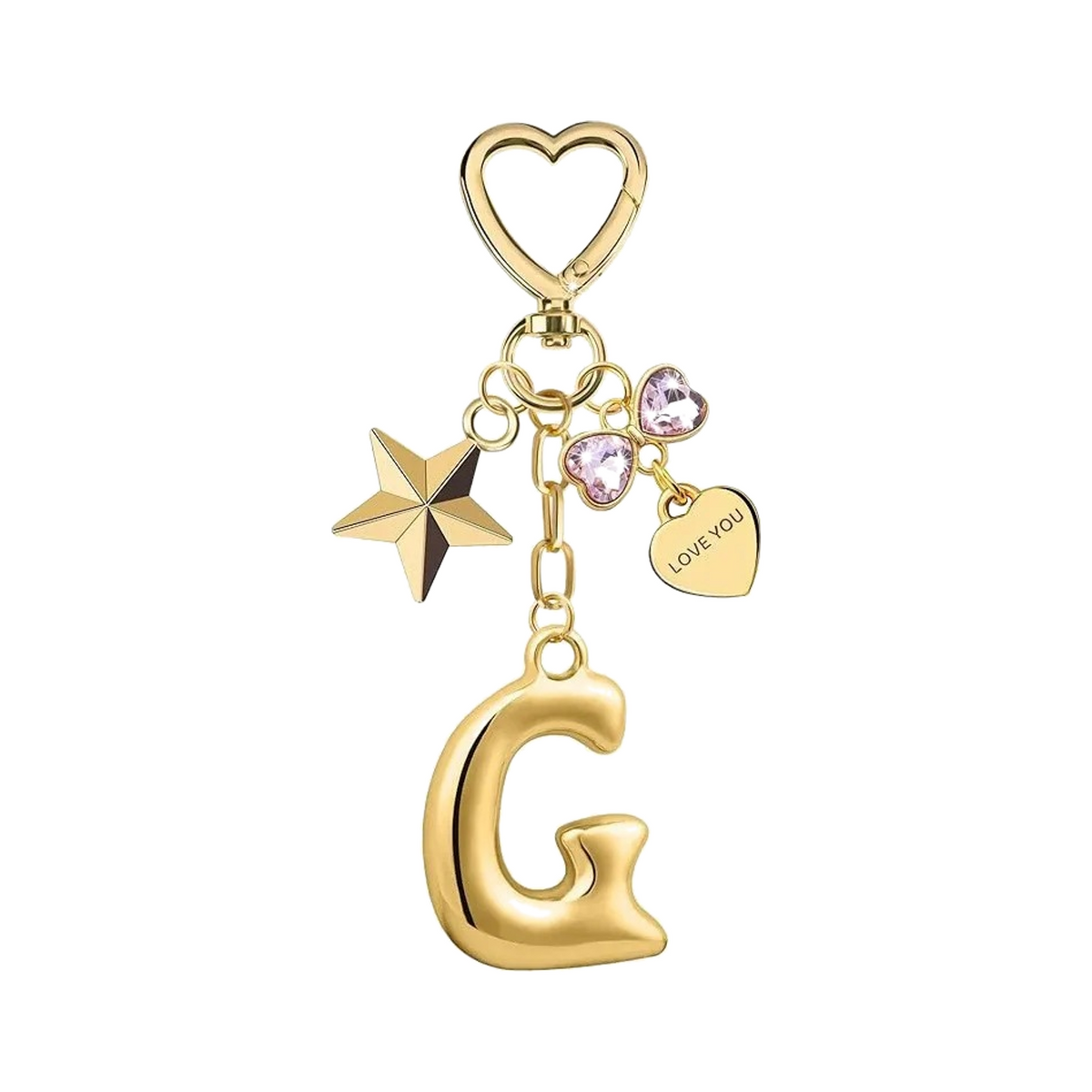 Gold letter G bag charm with heart clasp, star and crystal hearts