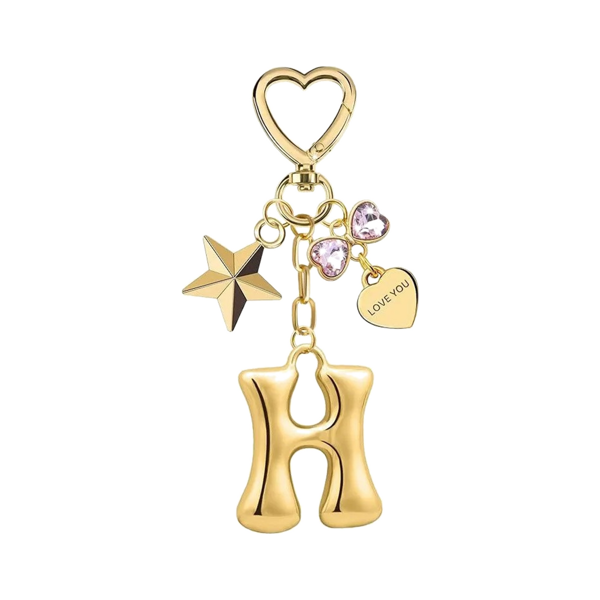 Gold letter H bag charm with heart clasp, star and crystal hearts