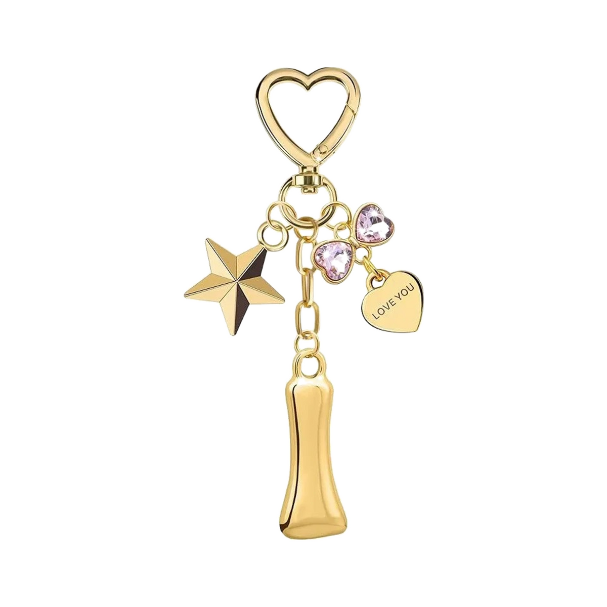 Gold letter I bag charm with heart clasp, star and crystal hearts