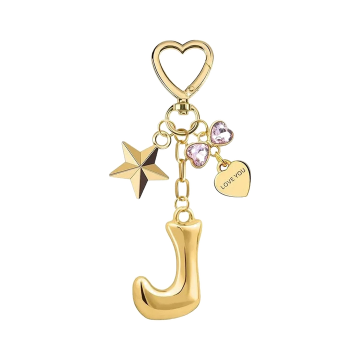 Gold letter J bag charm with heart clasp, star and crystal hearts