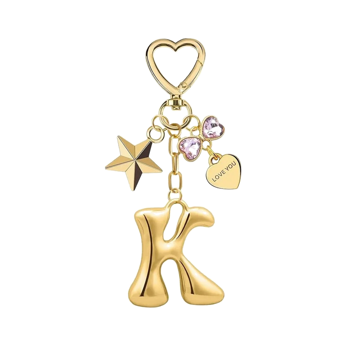 Gold letter K bag charm with heart clasp, star and crystal hearts